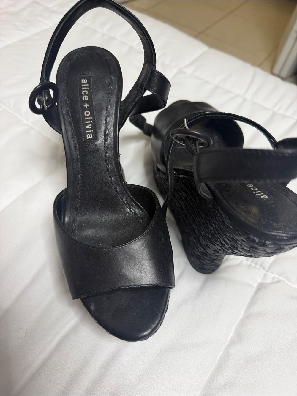 Alice + Olivia Black Leather Wedge Sandals with Woven Platform